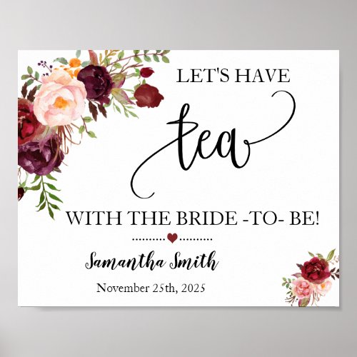 Lets have tea with bride marsala bridal shower poster