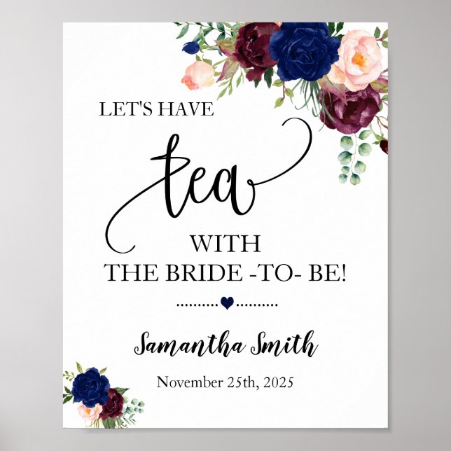 Let's have tea with bride to be navy boho wedding poster (Front)