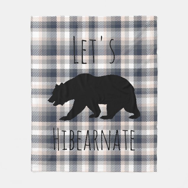 Let's Hibearnate White Bear & Gray Cream Plaid Fleece Blanket (Front)