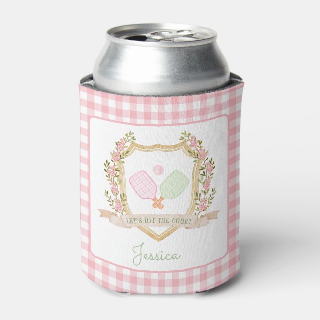 Let's Hit the Court | Pink Preppy Pickle Ball  Can Cooler (Can Front)