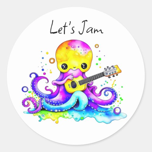 Lets Jam   Octopus Playing Acoustic Guitar Classic Round Sticker