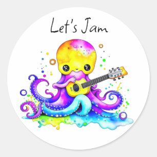 Let's Jam    Octopus Playing Acoustic Guitar Classic Round Sticker