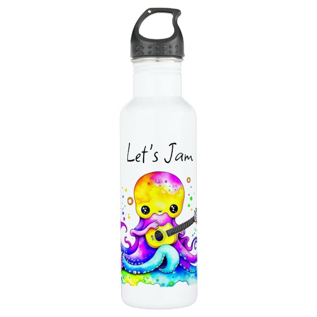 Let's Jam  | Octopus Playing Acoustic Guitar Stainless Steel Water Bottle (Front)
