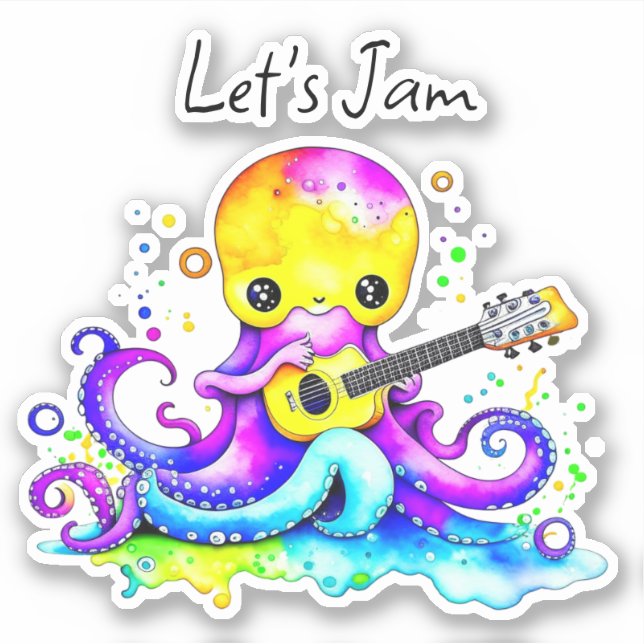 Let's Jam  | Octopus Playing Acoustic Guitar Sticker (Front)