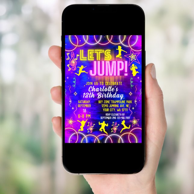 Let's Jump Bounce Neon Pink Trampoline Birthday Invitation (Front Digital)