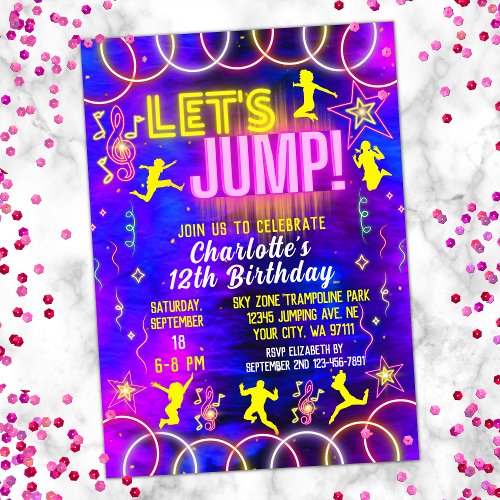 Lets Jump Bounce Neon Pink Trampoline Birthday Invitation