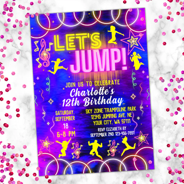 Let's Jump Bounce Neon Pink Trampoline Birthday Invitation | Zazzle