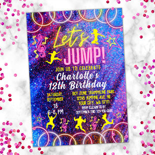 Let's Jump Bounce Neon Trampoline Park Birthday Invitation