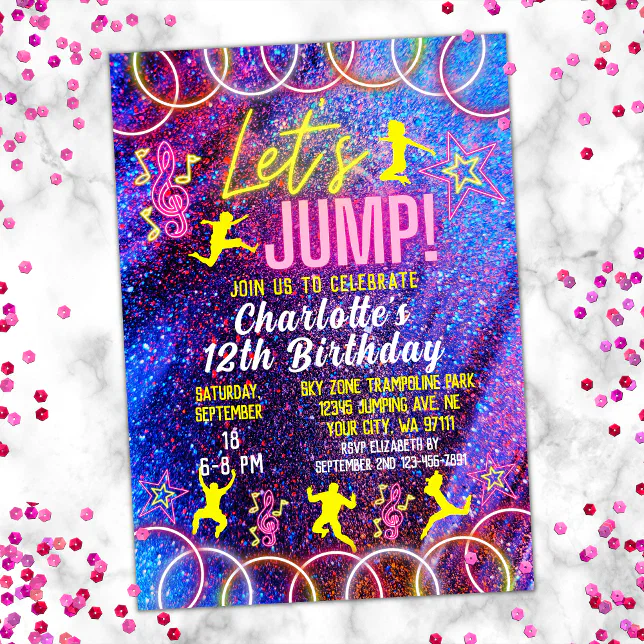 Let's Jump Bounce Neon Trampoline Park Birthday Invitation | Zazzle