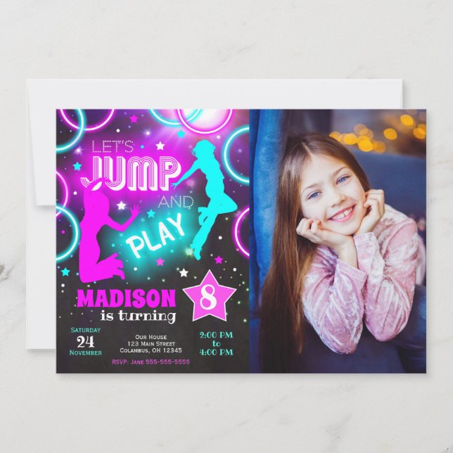 Let's Jump Bounce Neon Trampoline Park Birthday Invitation (Front)
