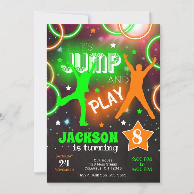 Let's Jump Bounce Neon Trampoline Park Birthday Invitation (Front)