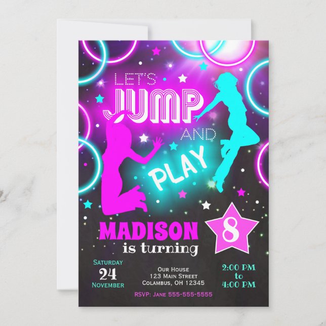 Let's Jump Bounce Neon Trampoline Park Birthday Invitation (Front)