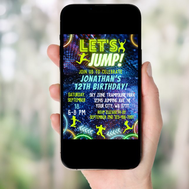 Let's Jump Bounce Neon Trampoline Park Birthday Invitation (Front Digital)