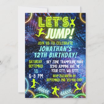 Let's Jump Bounce Neon Trampoline Park Birthday Invitation | Zazzle