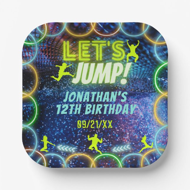 Let's Jump Bounce Trampoline Party Neon Green Glow Paper Plates (Front)