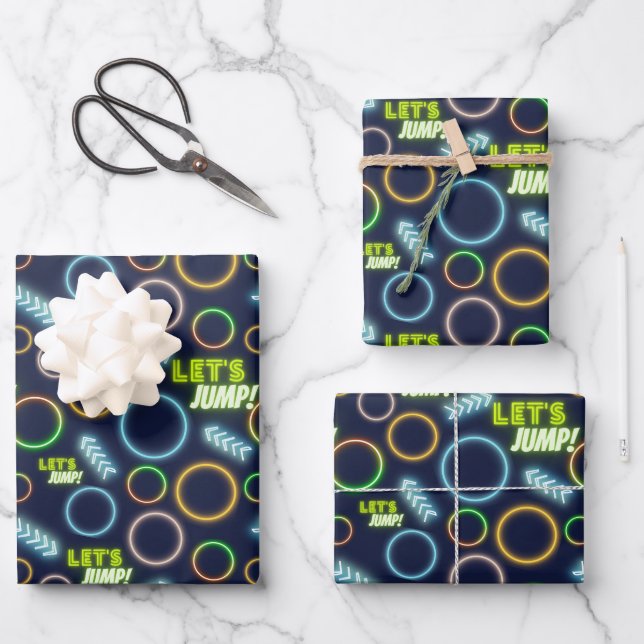 Let's Jump Neon Glow Trampoline Park Birthday Wrapping Paper Sheets (Front)