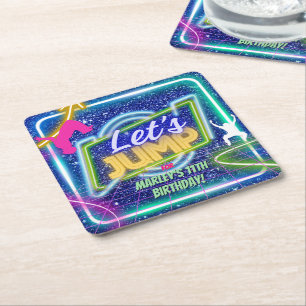 Let's Jump Party Bounce Neon Trampoline Park Square Paper Coaster