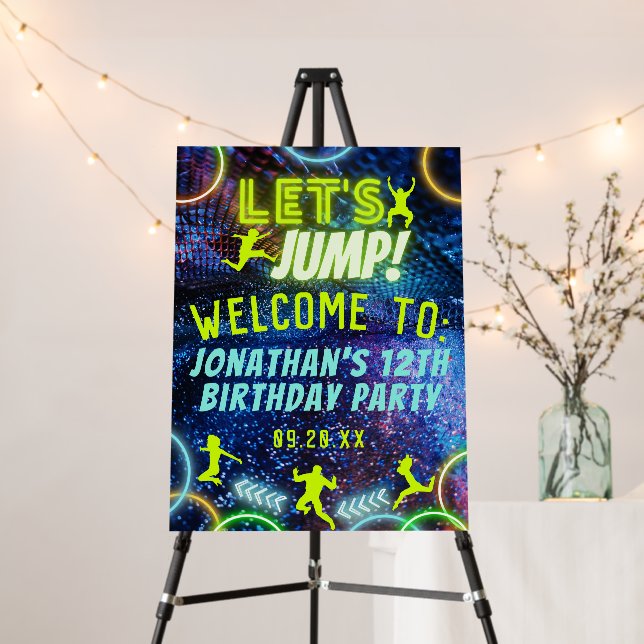 Let's Jump Trampoline Neon Birthday Party Sign (In Situ (Stand))