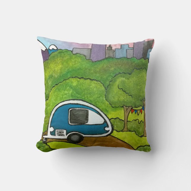 "Let's Just Escape" Teardrop Trailer Throw Pillow (Front)