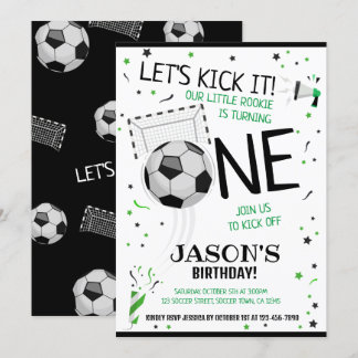 Let's Kick It Black Rookie Soccer 1st Birthday Invitation