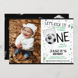 Let's Kick It Black Soccer Photo 1st Birthday Invitation
