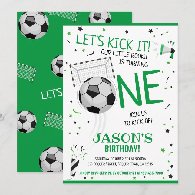 Let's Kick It Green Rookie Soccer 1st Birthday Invitation (Front/Back)