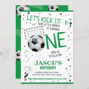 Let's Kick It Green Rookie Soccer 1st Birthday Invitation