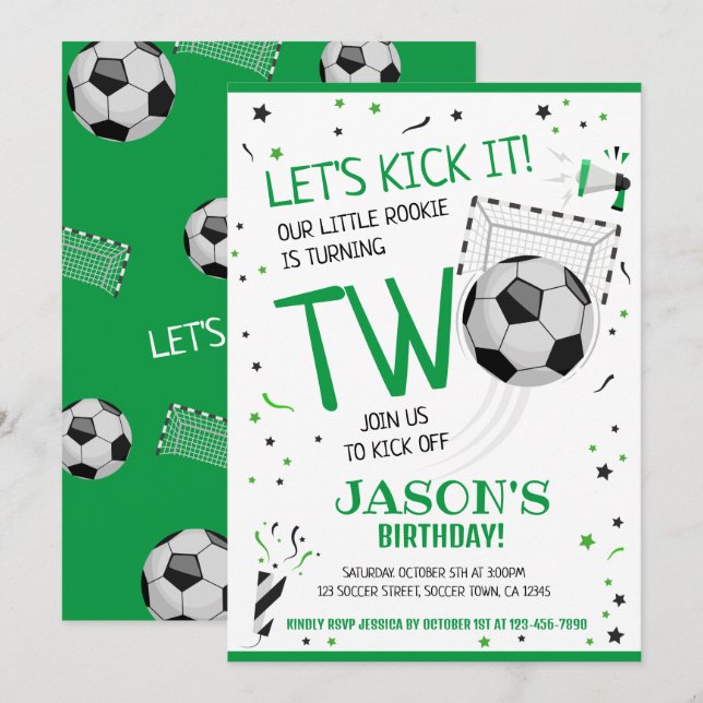 Let's Kick It Green Rookie Soccer 2nd Birthday Invitation (Front/Back)