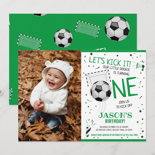Let's Kick It Green Soccer Photo 1st Birthday Invitation (Front/Back)