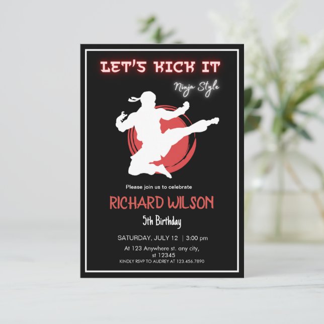 Let's Kick It Ninja | Neon Karate Birthday Party Invitation (Standing Front)