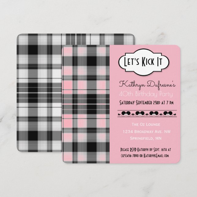 "Let's Kick It" Pink Plaid Birthday Invitation (Front/Back)