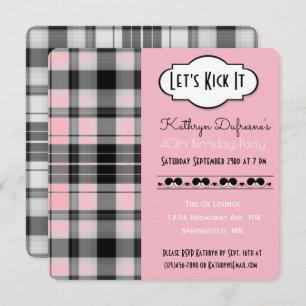 "Let's Kick It" Pink Plaid Birthday Invitation