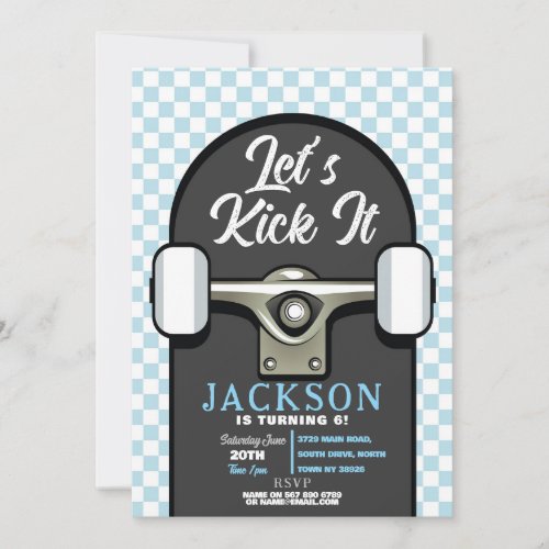 Lets Kick It Skateboard Birthday Boys Blue Invitation