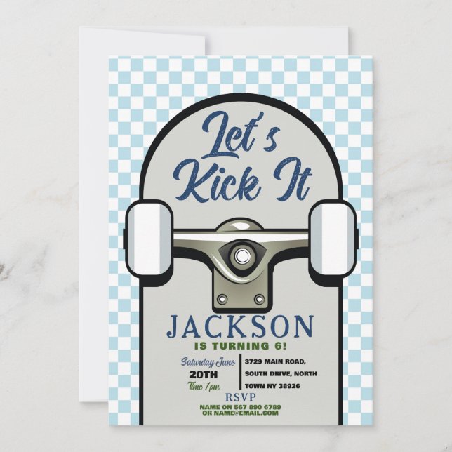 Let's Kick It Skateboard Birthday Boys Blue Invitation (Front)
