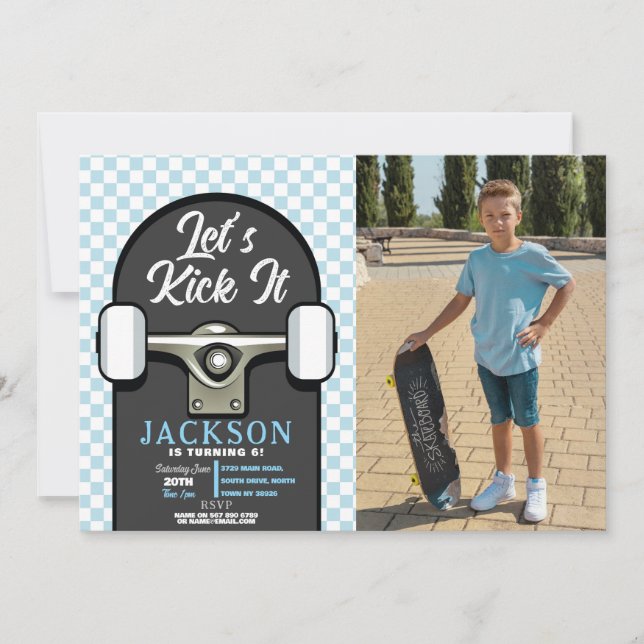 Let's Kick It Skateboard Birthday Boys Blue Photo Invitation (Front)