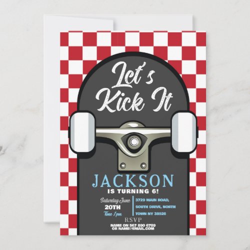 Lets Kick It Skateboard Birthday Boys Red Invitation