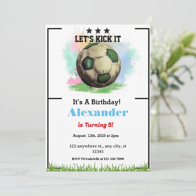 Let's Kick it Soccer Birthday Invitation (Standing Front)