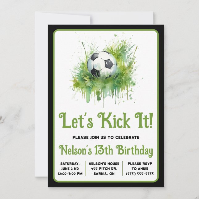Let's Kick It!  Soccer Themed Kids' Birthday Invitation (Front)