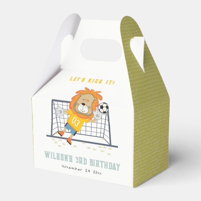 Lets Kick Lion Goalkeeper Soccer Kids Birthday Favor Boxes (Front Side)