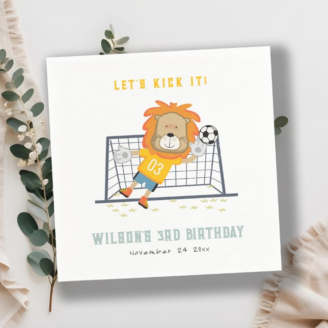 Lets Kick Lion Goalkeeper Soccer Kids Birthday Napkins (Creator Uploaded)