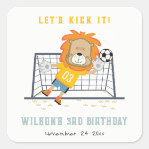 Lets Kick Lion Goalkeeper Soccer Kids Birthday Square Sticker