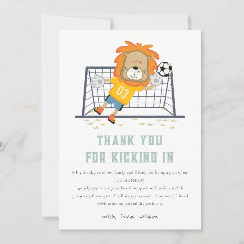 Lets Kick Lion Goalkeeper Soccer Kids Birthday Thank You Card