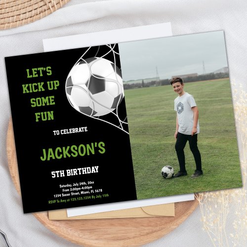 Lets kick up Black Photo Soccer Birthday Invitation