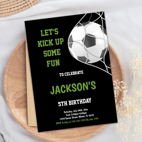 Lets kick up Black Soccer Birthday Invitations