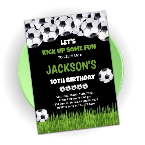 Lets Kick up Green Soccer Birthday Invitations