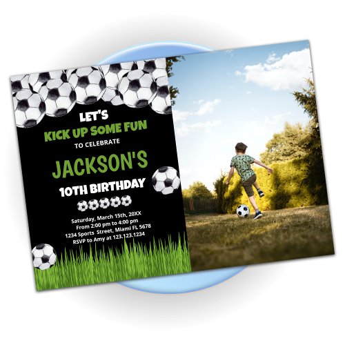Lets Kick up Green Soccer Birthday With Photo Invitation