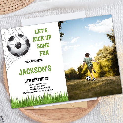 Lets kick up some fun Soccer Birthday photo Invitation