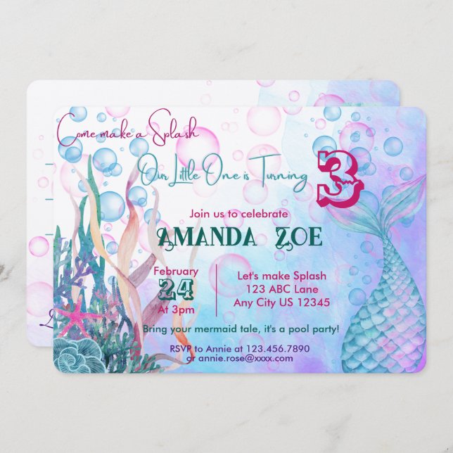 Let's make a Splash Mermaid Invitation (Front/Back)