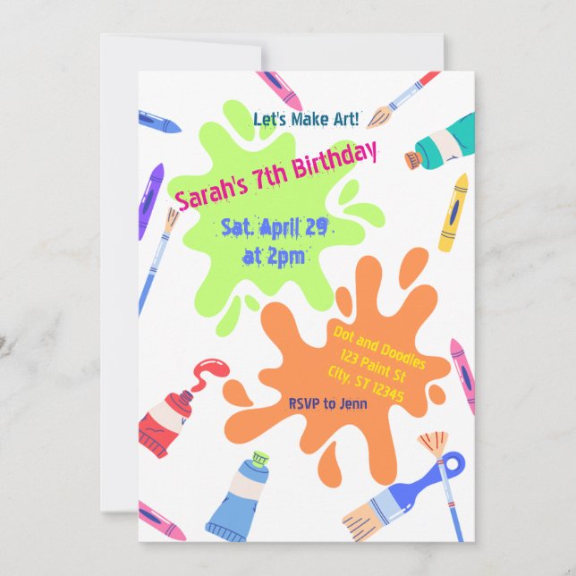 Lets Make Art colorful birthday party Invitation (Front)