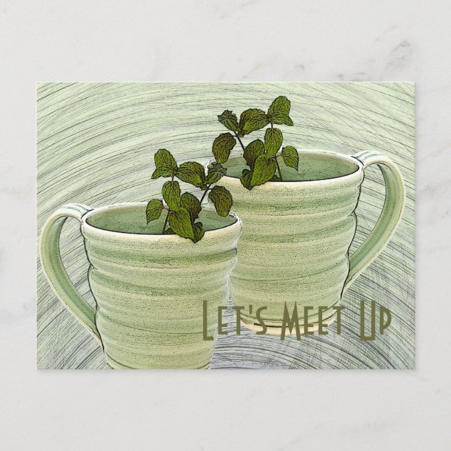 Let's Meet Up Green Mugs Mint Sprigs Photo Custom Postcard (Front)